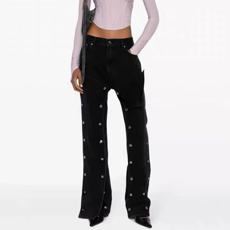 detachable button black washed baggy jeans for men straight harajuku ropa hombre loose denim trousers oversized cargo pants unique cargo style 612