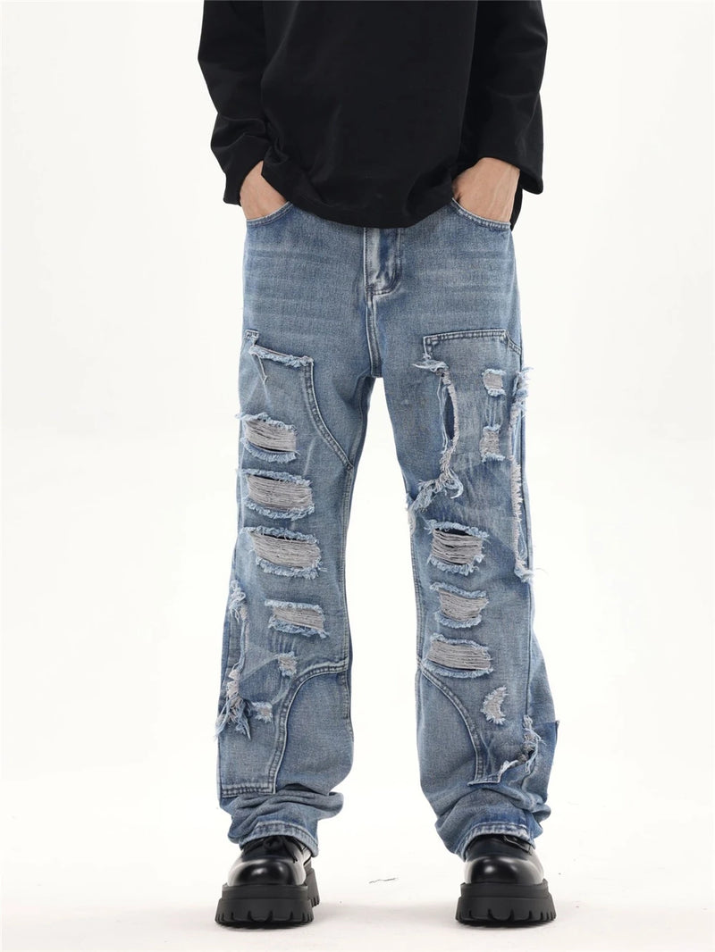 2024 ripped jeans high street straight trousers destroyed hole baggy denim pants vintage retro hip hop unique jeans style 400