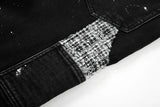 black white checkered patchwork straight leg denim trousers men hip hop splashed ink logging pants jeans slim fit washed torn unique jeans style 571