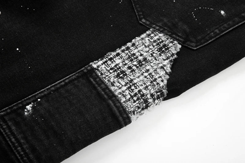 black white checkered patchwork straight leg denim trousers men hip hop splashed ink logging pants jeans slim fit washed torn unique jeans style 571