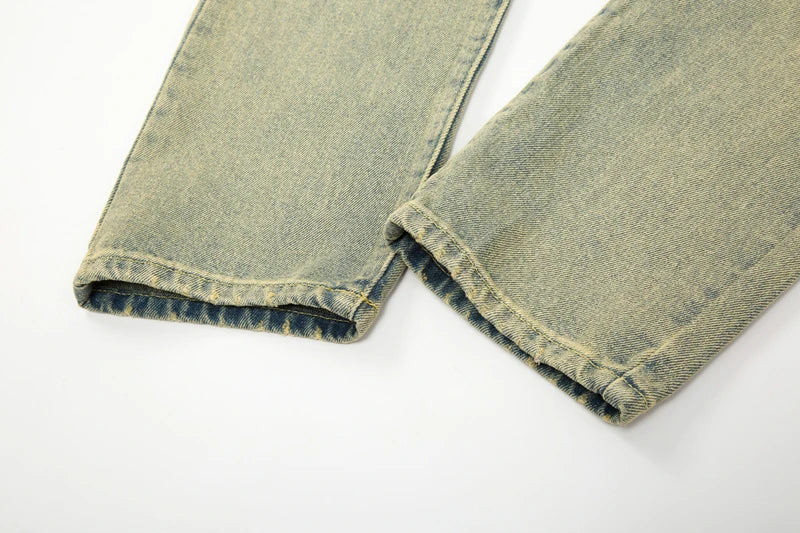 High Street Washed Hole Frayed Yellow Mud Jeans Men's Harajuku Retro Straight Pockets Solid Color Baggy Casual Denim Trousers