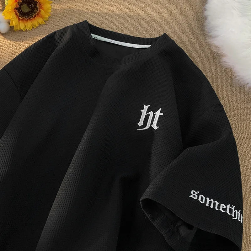 Glitchcore Aesthetic drop – 2024 Summer Letter Embroidered Waffle T Shirt Mens Y2K Vinta