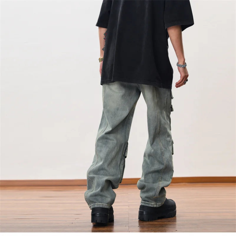 hip hop cargo denim pants streetwear plain denim pants mens harajuku cotton casual joggers jeans loose straight pants trousers casual joggers