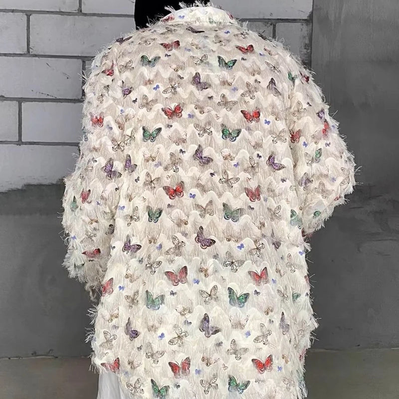 Mens Casual Feather Butterfly Long Sleeve Shirt Genderless 2024 New Fashion Personality Retro Youth All-Match Shirt Unisex