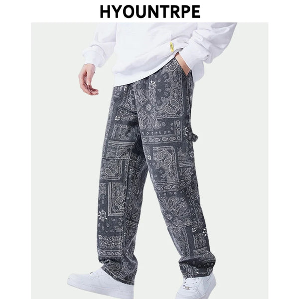 mens hip hop straight denim jeans pants fashion zipper paisley jeans streetwear casual loose trousers pants joggers baggy jeans relaxed fit joggers
