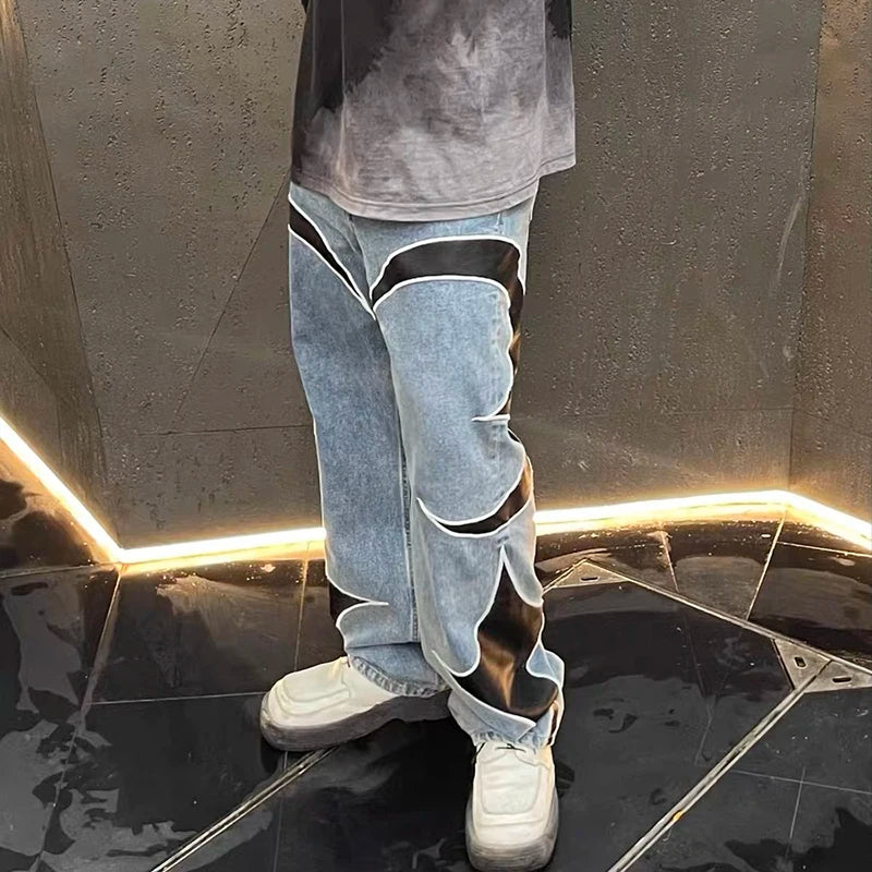letter embroidery pu leaher patchwork baggy y2k jeans mens streetwear straight oversized denim trousers unisex cargo pants unique cargo style 29