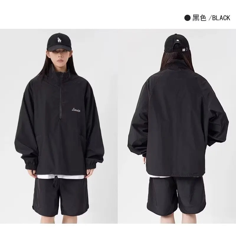 quick drying two piece set men loose casual street sweatshirt shorts y2k stand collar casual loose lightweight suits american unique shorts style 493