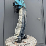 RO Style Gradient Ribbons Multi-pockets Drawstring Jeans for Men Harajuku Streetwear Baggy Y2K Denim Trousers Oversized Cargos