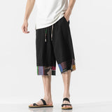 mens summer thin linen shorts loose straight mens pants japanese patchwork wind over the knee beach pants summer street shorts