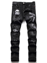 skull embroidery jeans ripped holes denim pants men zipper biker jeans streetwear slim fit y2k punk hip hop casual pants joggers relaxed fit joggers