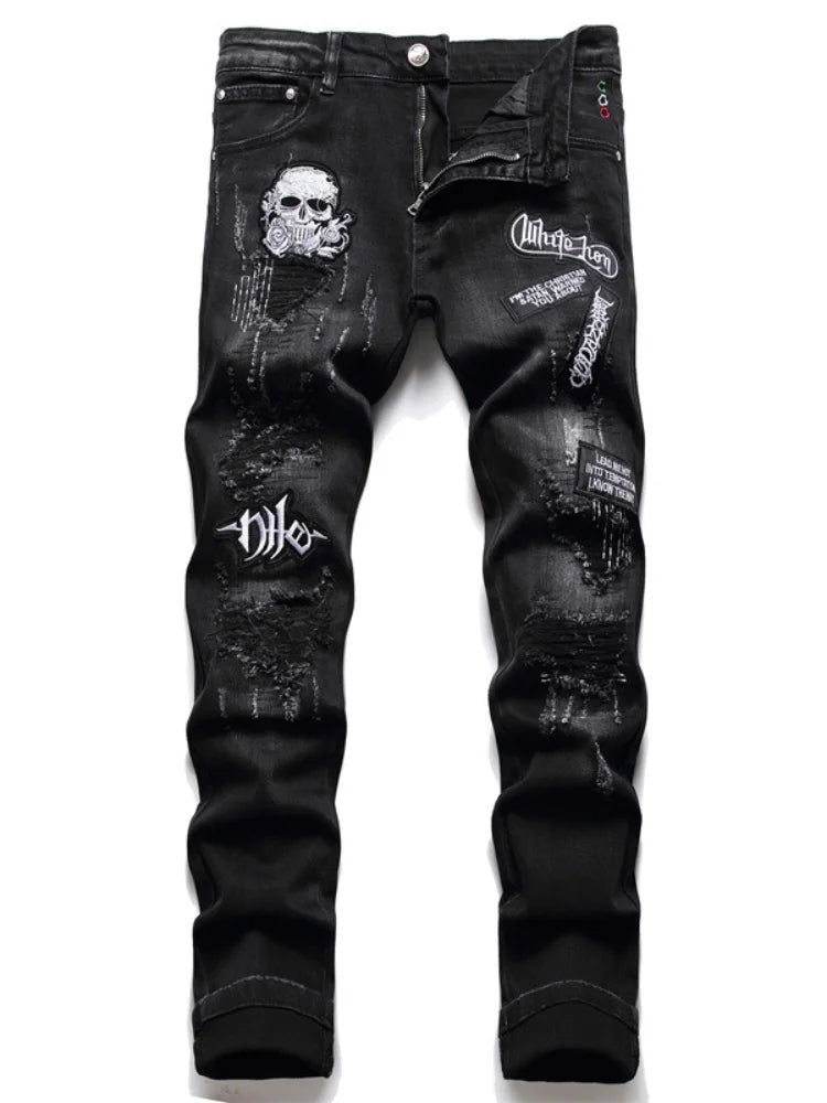 skull embroidery jeans ripped holes denim pants men zipper biker jeans streetwear slim fit y2k punk hip hop casual pants joggers relaxed fit joggers