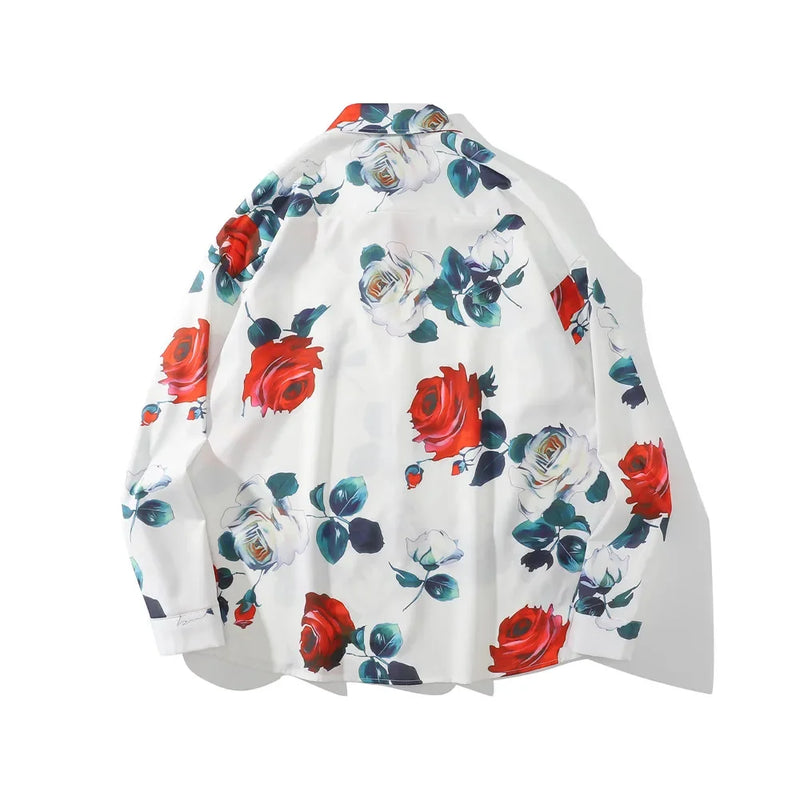 Dark Icon Floral Loose Men's Shirt Long Sleeve Autumn Oversized Shirt Man Black White