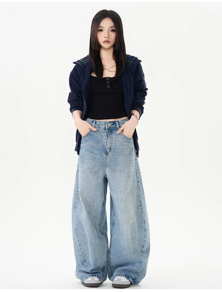 Men Women American Streetwear Vintage Washed Denim Loose Casual Wide Leg Baggy Jeans Couple Harem Jeans Trousers