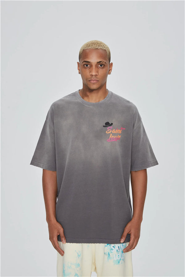 Trapwear Aesthetic print tee – 24Ss Future Vintage Style Western Gradient Logo Metal Print