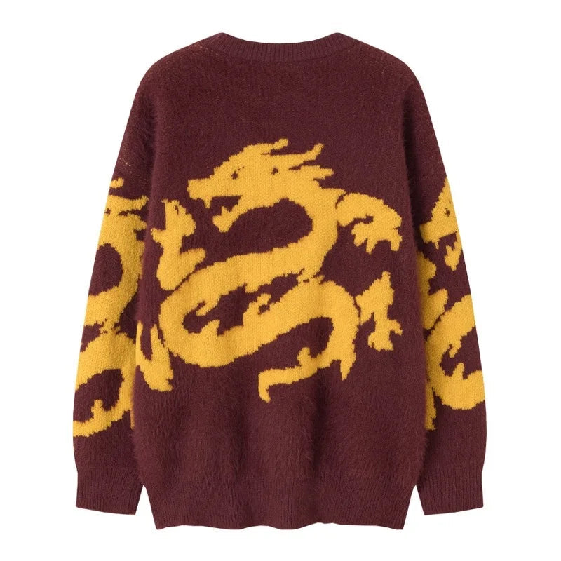hip hop knitted sweater men winter o neck anime chinese dragon pattern pullover streetwear casual loose sweater jumper knitwear trendy hip hop style outerwear, high quality cotton pullover, streetwear fashion hoodie