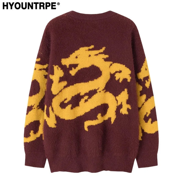 hip hop knitted sweater men winter o neck anime chinese dragon pattern pullover streetwear casual loose sweater jumper knitwear trendy hip hop style outerwear, high quality cotton pullover, streetwear fashion hoodie