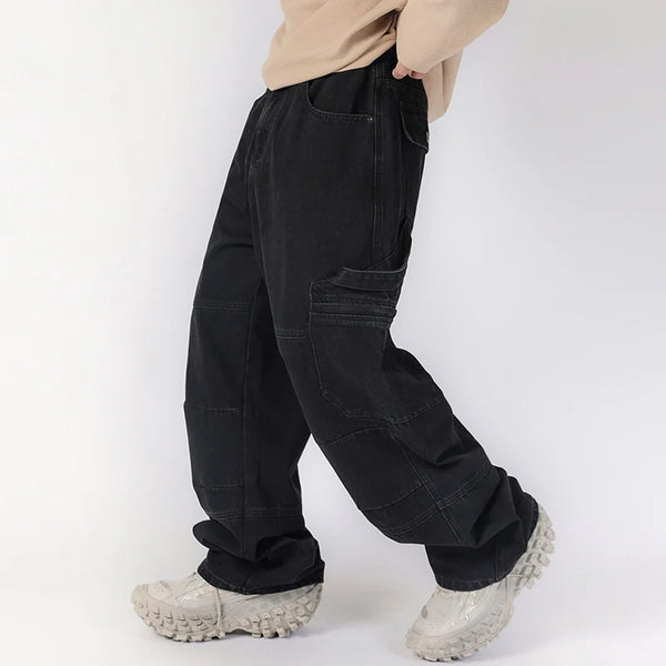 men american streetwear fashion loose casual hip hop wide leg black denim baggy jeans pants man y2k cargo jeans trousers military streetwear pants
