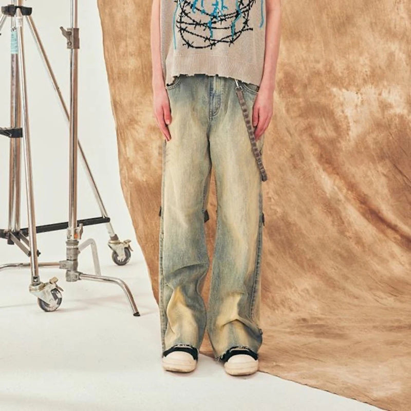 detachable leather chain washed baggy jeans for men and women straight streetwear casual denim trousers oversized cargo pants unique cargo style 286