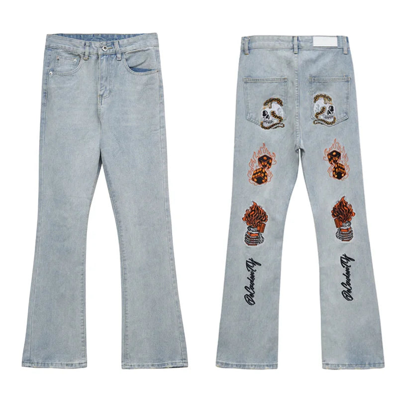 fashion back skull letters embroidery denim flare jeans mens zipper straight trouser hip hop streetwear pants joggers jeans men unique joggers style 631
