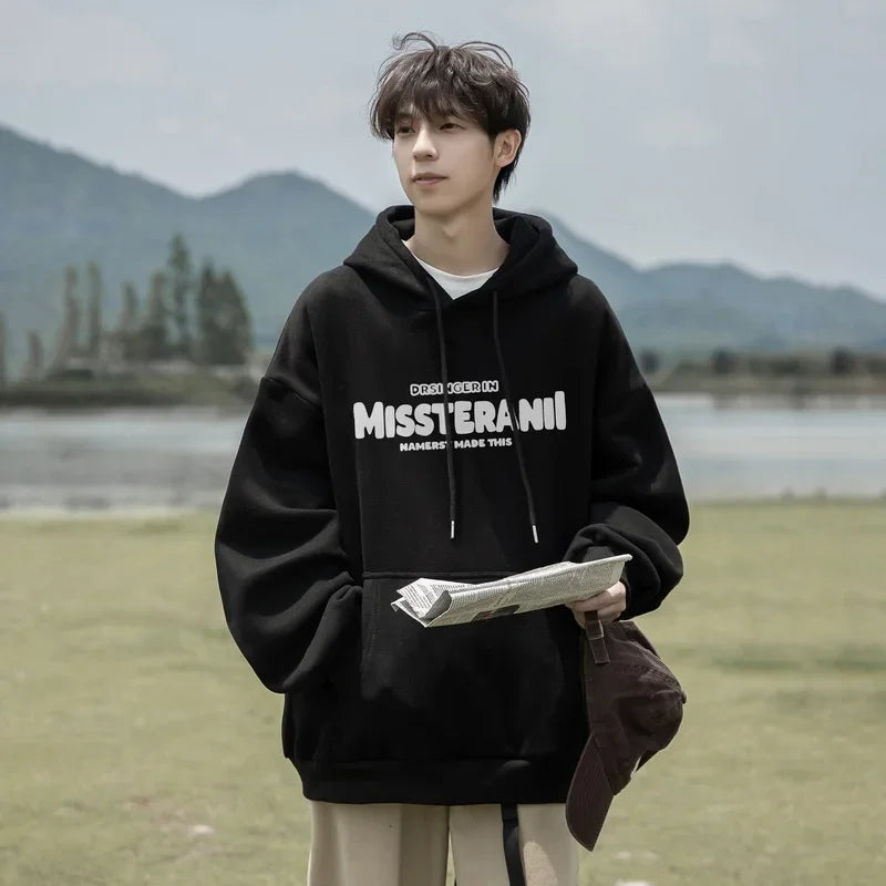 American Retro Casual Hoodies For Men Letter Printed Loose Fit Hooded