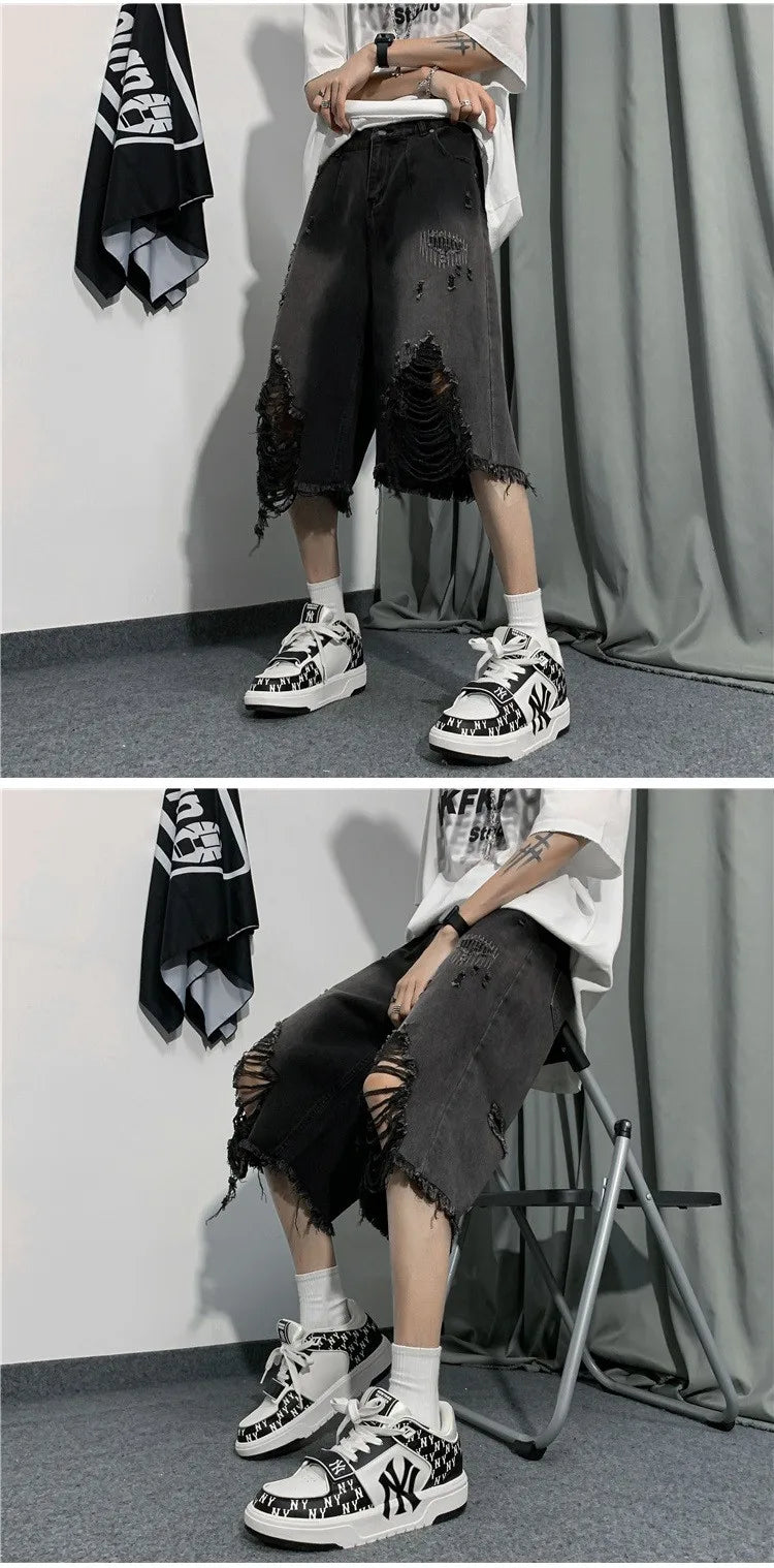 New Style Ripped Denim Shorts Men's Clothing 2024 Summer Five-point Korean Casual Youth Straight Trousers Boutique Clothing