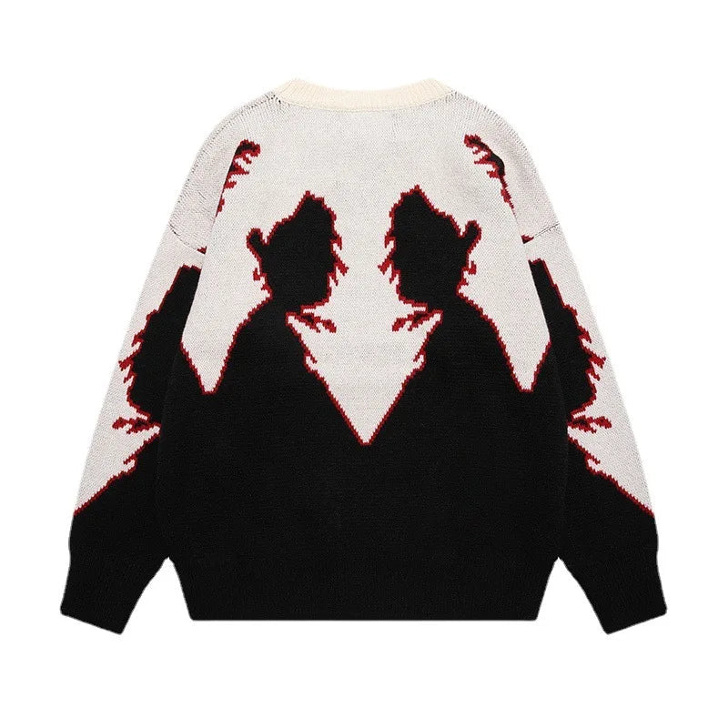 hip hop knitted sweater men autumn winter o neck anime pattern pullover streetwear casual loose sweaters unisex jumpers knitwear aesthetic street look hoodie, oversized graphic print design, unique limited edition hoodie