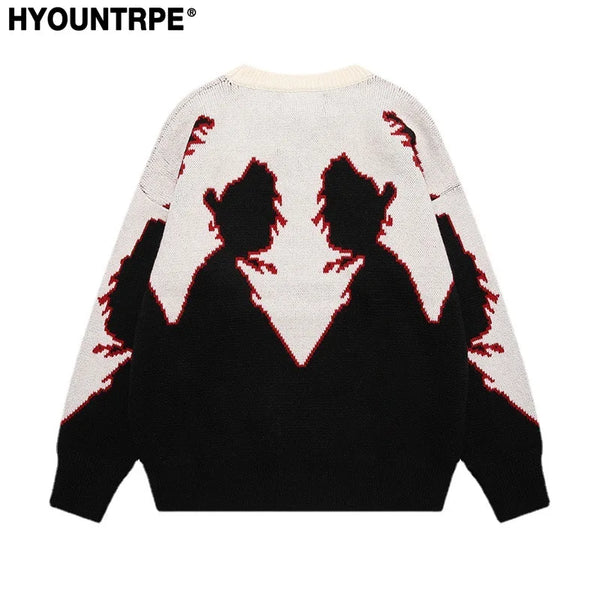 hip hop knitted sweater men autumn winter o neck anime pattern pullover streetwear casual loose sweaters unisex jumpers knitwear aesthetic street look hoodie, oversized graphic print design, unique limited edition hoodie