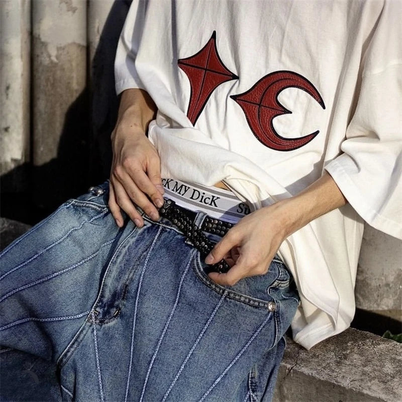 High Street Thug Club New Patchwork Embroidered Short Sleeved Casual Loose And Versatile Korean Street Solid Color T-shirt VTG