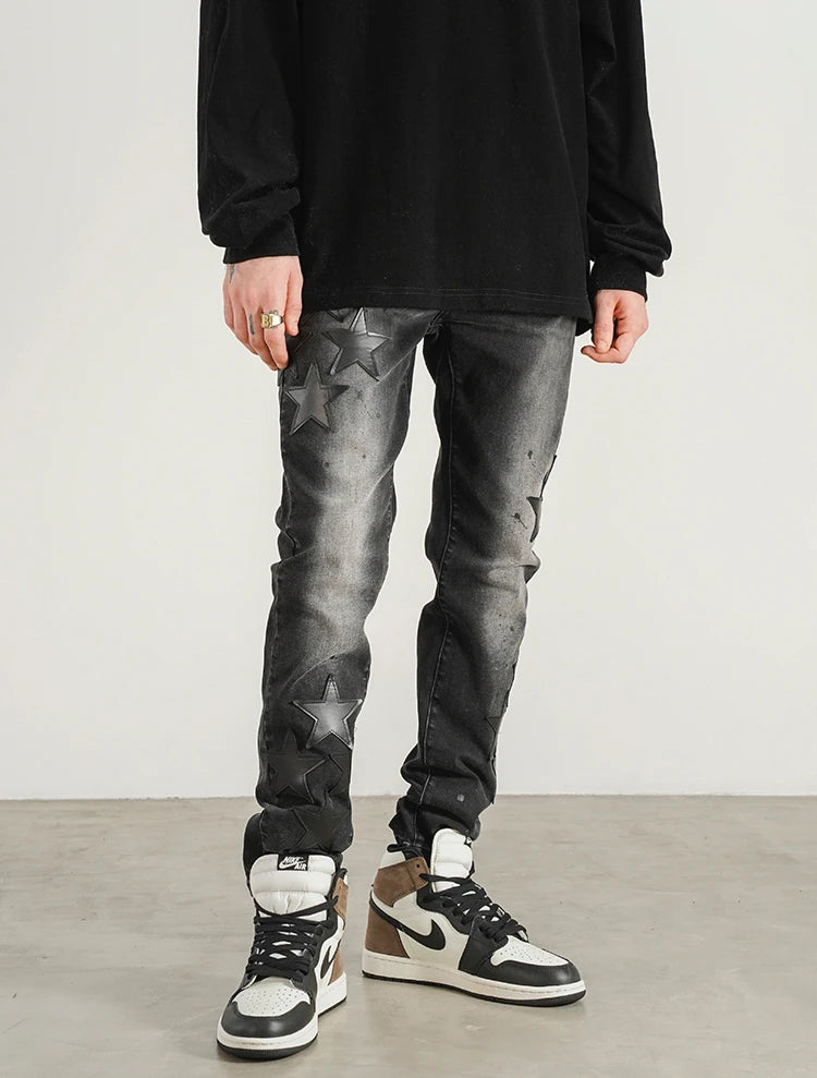 star appliques denim jeans skinny trousers slim fit men new casual biker jeans fashion streetwear hip hop trousers pants joggers unique joggers style 3558