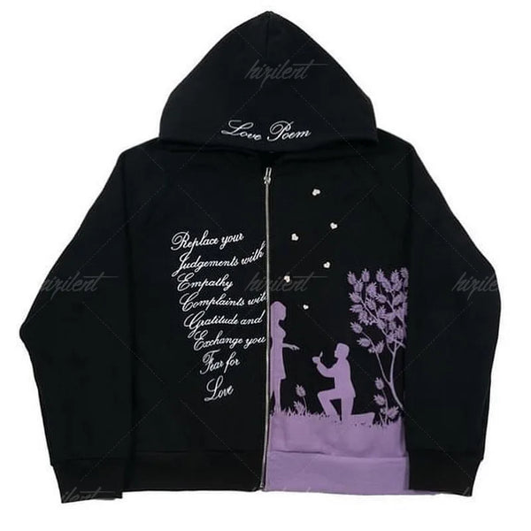 2024 New Hip Hop Jacket High Street Zip Up Hoodie Y2K Tops Gothic Hood