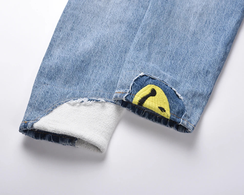 high street floral embroidery patchwork ripped blue jeans pants for male retro straight casual denim trousers oversized jean unique jeans style 1721