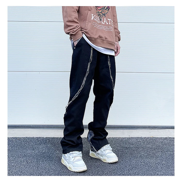 high street black white straight zipper becomes slightly flared denim jeans harajuku casual hip hop cashew flower jeans for men unique jeans style 4419