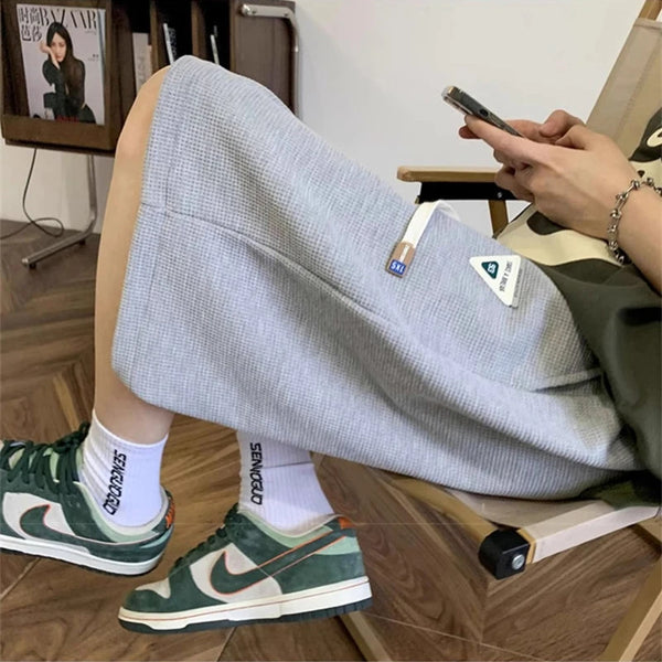 summer mens letter appliques waffle shorts baggy running wide leg casual short pants solid drawstring gym straight y2k shorts relaxed fit shorts