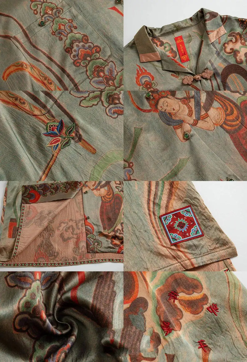 Dunhuang Feitian new Chinese style national trend printed casual short-sleeved shirt 2024 young men and women trendy retro tops