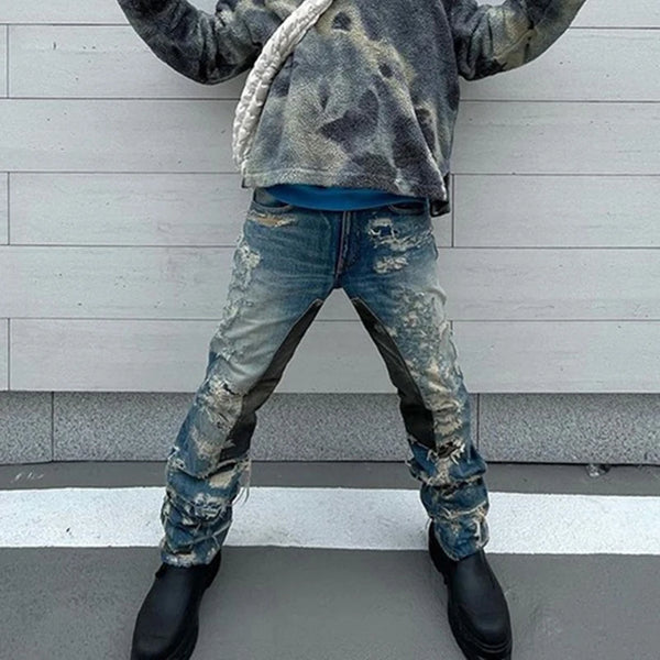 harajuku distressed hole tie dye color match patchwork jeans for men straight baggy casual pencil pants oversized y2k cargos multi-pocket cargos