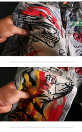 skull graffiti printed ripped denim jeans hip hop distressed biker jeans fashion streetwear slim pants joggers y2k men s jeans unique joggers style 309