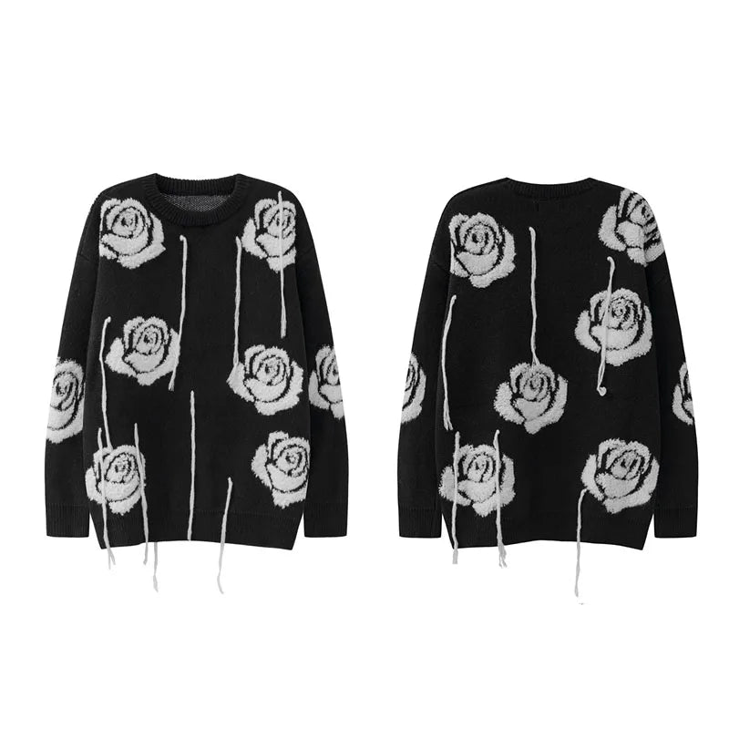 fashion floral pattern knitted sweater men new casual o neck pollover unisex harajuku y2k streetwear loose knit sweaters jumpers - oversized streetwear hoodie, Y2K grunge street style, graphic printed hoodie for men and women