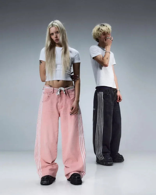 harajuku y2k baggy jeans high quality embroidered striped sweatpants men women hip hop streetwear casual wide leg denim pants urban active pants