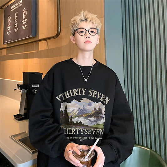 Autumn Oil Painting Landscape Print Cotton Sweatshirt Men Loose Casual Crewneck Pullover Hoodies Korean