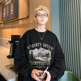Autumn Oil Painting Landscape Print Cotton Sweatshirt Men Loose Casual Crewneck Pullover Hoodies Korean