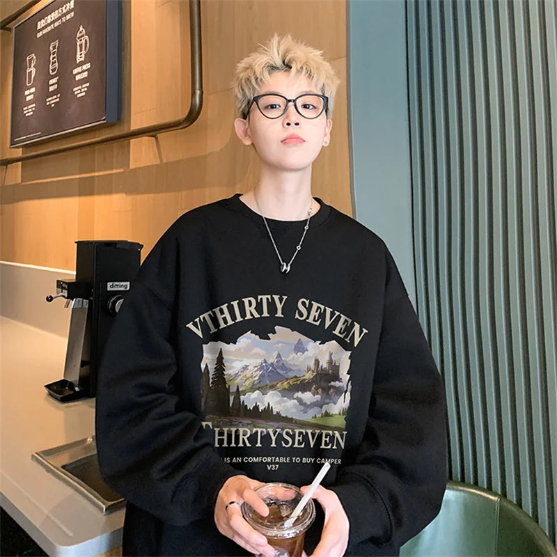 Autumn Oil Painting Landscape Print Cotton Sweatshirt Men Loose Casual Crewneck Pullover Hoodies Korean