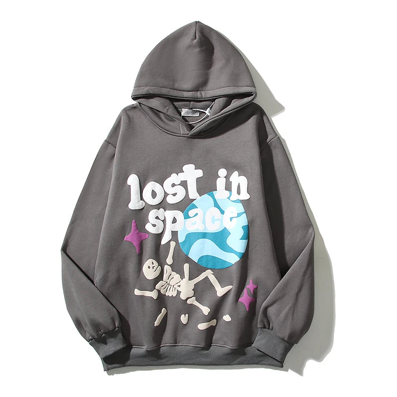 High Street Letter Foam Skull Vintage Fleece Hooded Hoodies Men And Wo