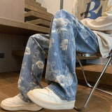 american high street floral printed jeans for men 2024 new y2k vintage denim trousers hip hop fashion wide leg baggy jean pants vintage washed jeans