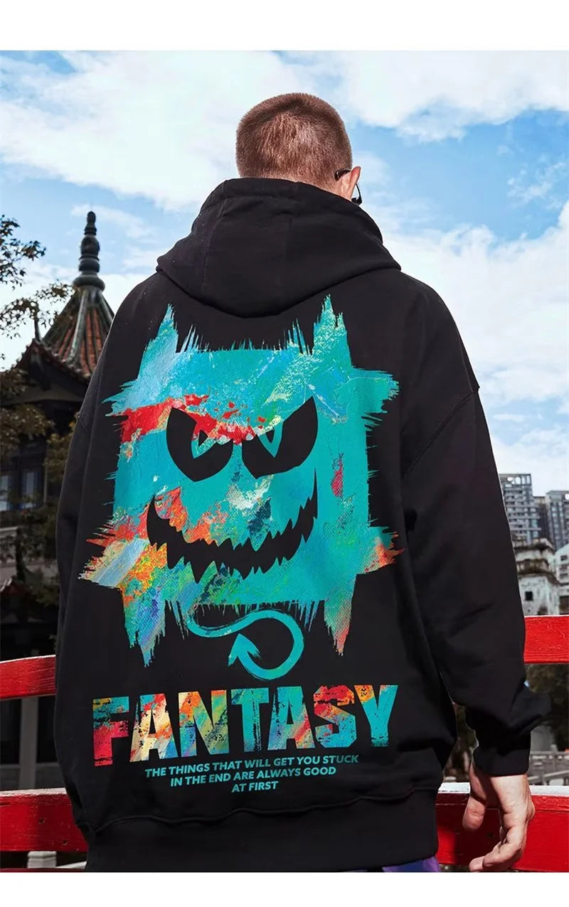 Harajuku Devil Graffiti Print Oversized Hoodies For Men Autumn Hooded