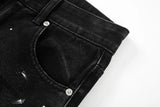 black white checkered patchwork straight leg denim trousers men hip hop splashed ink logging pants jeans slim fit washed torn unique jeans style 568