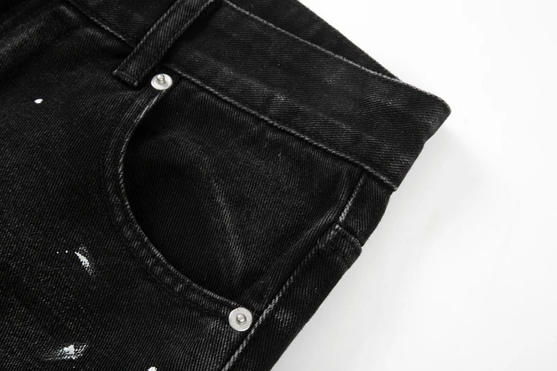 black white checkered patchwork straight leg denim trousers men hip hop splashed ink logging pants jeans slim fit washed torn unique jeans style 568