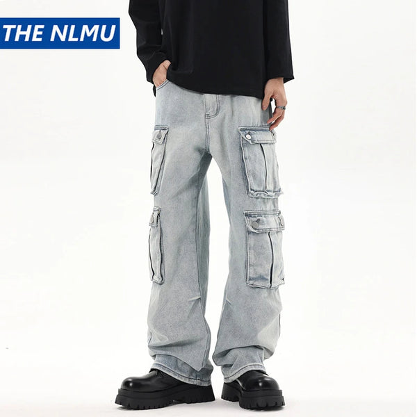 2024 multi pocket jeans vintage mens harajuku cargo denim pants retro hip hop straight loose jean pants combat utility trousers