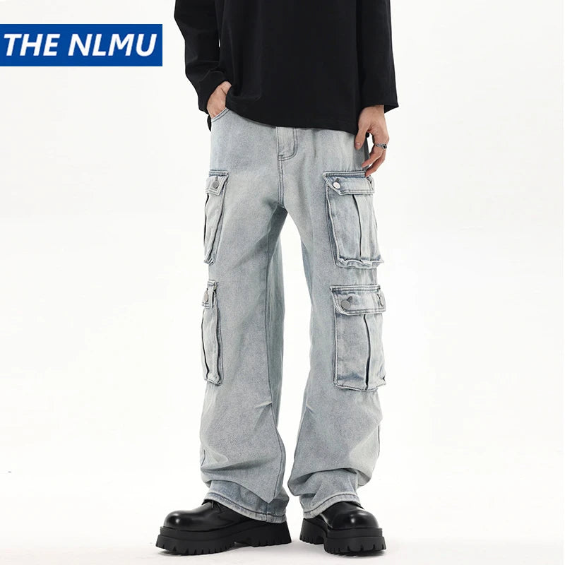 2024 multi pocket jeans vintage mens harajuku cargo denim pants retro hip hop straight loose jean pants combat utility trousers