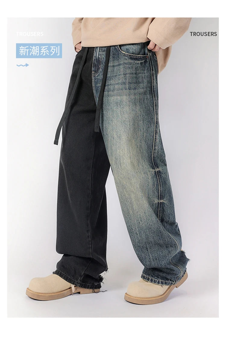 men streetwear fashion black blue splice hip hop loose casual wide leg straight baggy jeans pant cityboy jeans pants trousers unique jeans style 2635