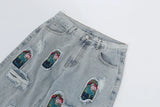 retro patch embroidered pleated jean for men street wear washed destroyed straight patchwork ripped jeans pants baggy hip hop unique jeans style 1066